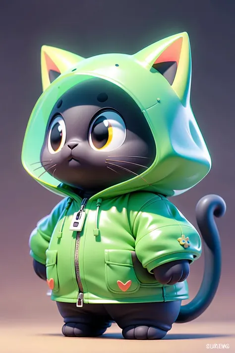 Pixar style,MG ip,cat,solo,hood,tail,black cat,no humans,shiny,1other,zipper,raincoat,standing,cat tail,cat hood,full body,cat ears,shiny clothes,animal hood,jacket,animal ears,simple background,see-through,whiskers,glowing,animal,furry,