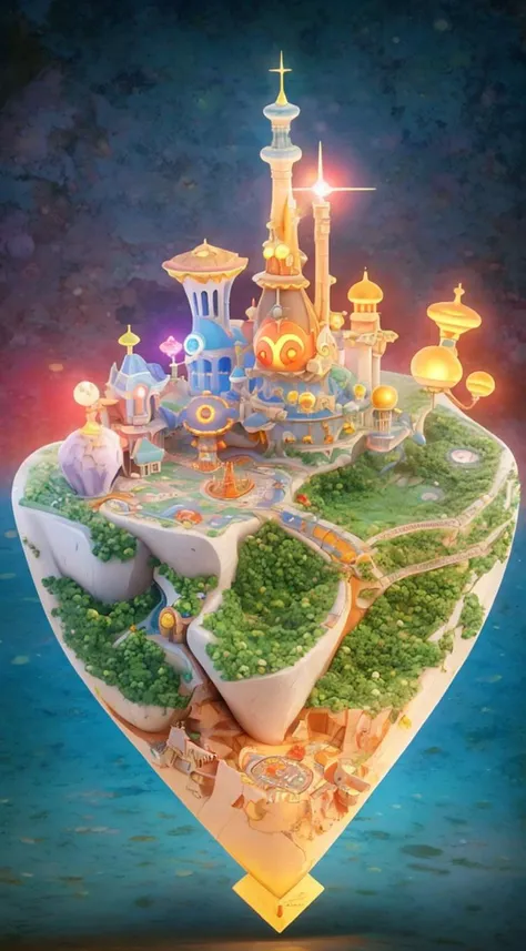 Full Shot of a Quantum-powered City of Tomorrow, Marble stone, In-Ground Well Lights, Footlighting, Celestial Map around it, a Red Giant in the background