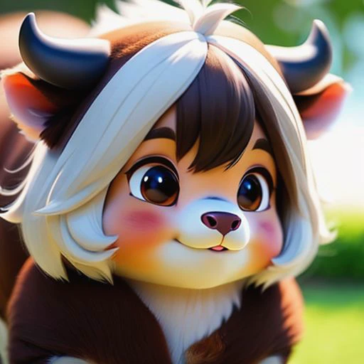 (furry:1.2) (full body),dark brown cinnamon skin cow, realistic fur, details down to every fluff, big eyes, i want the whole image to be created in 3D anime style, solo, looking at viewer, short hair, bangs, white hair, 1girl, highest quality detailed eyes, closed mouth, upper body, female focus, blurry, lips, petals, blurry background