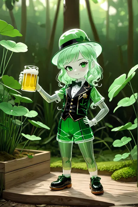 ((masterpiece, best quality)),(simple background:1.4),a jungle made by glass,3D,octane rendering,boli,(translucent_clover_leaf:1.4),translucent grass,transparent flower,jungler,depth of field,3D,octane rendering,boli,clover_leaf,1 ((glass_girl)),transparent skin,(drinking beer:1.4),in a glass bottle,wooden base,made by green glass,transparent green skin,glass sculpture,(chibi),close short,protrait,spc,green suit,green plaid trousers,black belt,black shoes,green bowtie,yellow shirt,black and white stripe socks,green ((bowler)) hat,standing on soil,<lora:boli:1:lbw=MIDD>,<lora:sculpture-20:0.4:lbw=INSS>,<lora:spc_01a:0.35:lbw=MIDD>,<lora:GlassBottle:1>,