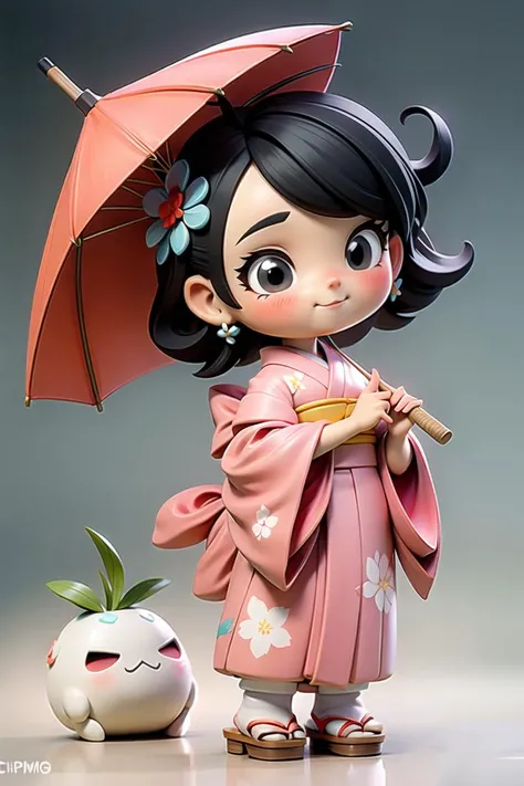 Pixar style,1girl,umbrella,japanese clothes,kimono,hair ornament,flower,black hair,ahoge,earrings,short hair,jewelry,hair flower,:3,standing,chibi,smile,full body,holding,blush,oil-paper umbrella,looking at viewer,black eyes,holding umbrella,