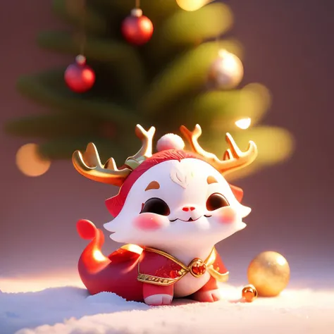 pink,cute pet,Sitting on the ground,a happy smile,Small Christmas tree, small, cute, small gift, wearing a red Christmas hat,Illustration cartoon cute art style,HD,full body,antlers,Gentle art style,((masterpiece)),original,rich details,extremely exquisite,white theme