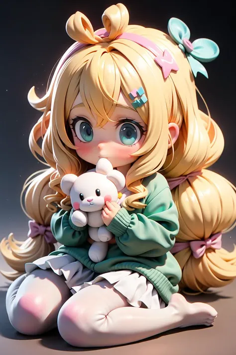 Pixar style,MG_ip,1girl,blonde hair,long hair,stuffed toy,pantyhose,sitting,solo,bow,stuffed animal,blush,wariza,female ,looking at viewer,holding,white pantyhose,green bow,child,long sleeves,bangs,hair bow,blue eyes,hair ornament,full body,hair between eyes,