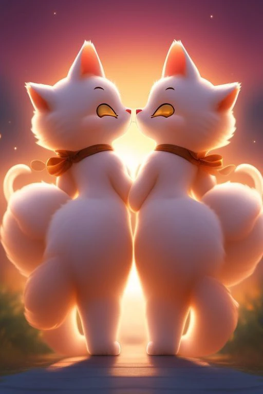 As the two cats stroll side by side, their tails intertwine gracefully, forming a heart shape that seems to symbolize the bond between them. With each step, they move in perfect harmony, their synchronized movements a testament to their deep connection. Their fur ripples in the gentle breeze, accentuating the elegance of their synchronized stride. The sunlight catches the delicate curves of their intertwined tails, casting a warm glow that highlights the love and companionship shared between these feline friends. It's as if they're dancing together, their tails weaving a tale of affection and camaraderie as they traverse the world around them. love, valentine