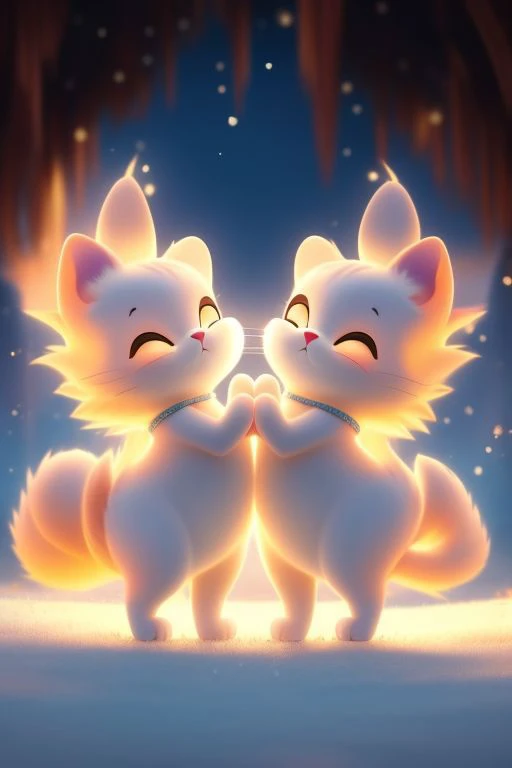As the two cats stroll side by side, their tails intertwine gracefully, forming a heart shape that seems to symbolize the bond between them. With each step, they move in perfect harmony, their synchronized movements a testament to their deep connection. Their fur ripples in the gentle breeze, accentuating the elegance of their synchronized stride. The sunlight catches the delicate curves of their intertwined tails, casting a warm glow that highlights the love and companionship shared between these feline friends. It's as if they're dancing together, their tails weaving a tale of affection and camaraderie as they traverse the world around them. love, valentine