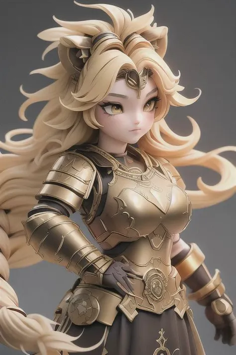 (anime style), 32k Ultra HDR high-quality image, (best quality, masterpiece, intricate details), (Gladiator lion girl), long blonde hair, roman woman hairstyle, lion ears on head, yellow eyes, (Roman Armour Skirt Rubber), bronze roman soldier breast breastplate armor