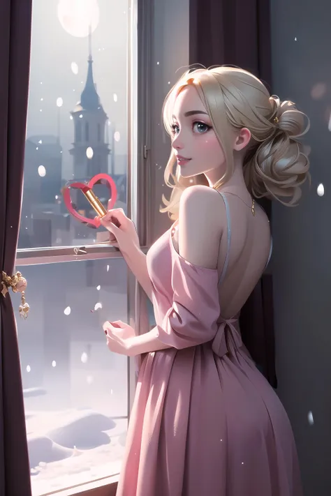 masterpiece,octane rendering,3D,indoors,night_sky,cityscape,1 girl,golden hair,holding a golden lipstick,pink dress,close shot,upper bdoy,from behind,(looking at viewer:1.3),light smile,drawing a heart on window,night,snow,