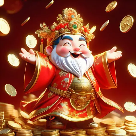 God of wealth, full body, lots of gold coins falling, gold coins shining, festive atmosphere, solo, blush, smile, smiling eyes, male focus, wide sleeves, beard, hat, Chinese dress, crown, beard, 3D modeling and rendering, high definition, detail enhancement,