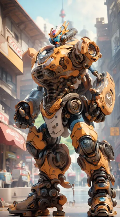3D, cgmech, a ((Establishing Shot of bipedal robot)), ((look at the camera)),  Steampunk City Transom as background <lora:nijiMecha:1@0,.5@.4>