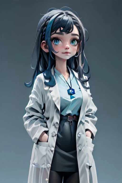 close-up,
[sunafukitabito:sam yang:0.4],
masterpiece, best quality,
civitai-chan, blue braided bangs, labcoat, shirt tucked in, single vertical stripe, black skirt, pencil skirt, pantyhose, necklace, belt
indoors, cowboy shot, looking at viewer, indoors, dark room, black background, arms at sides, close-up