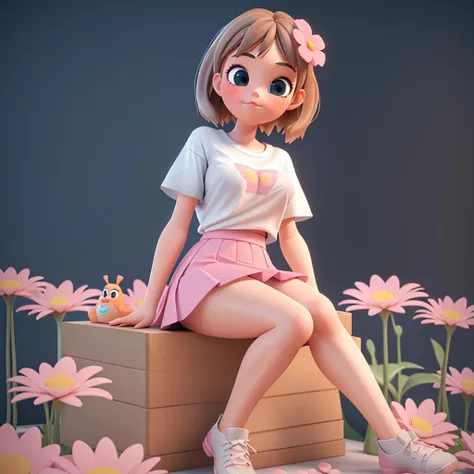 1girl, sitting among flowers, white T-shirt, pink skirt,3D,blender,pixar,