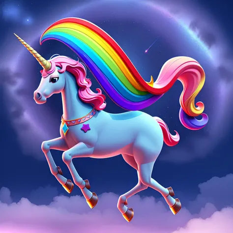 1unicorn,flying in the rainbow and starry sky, ,3D,blender,pixar,