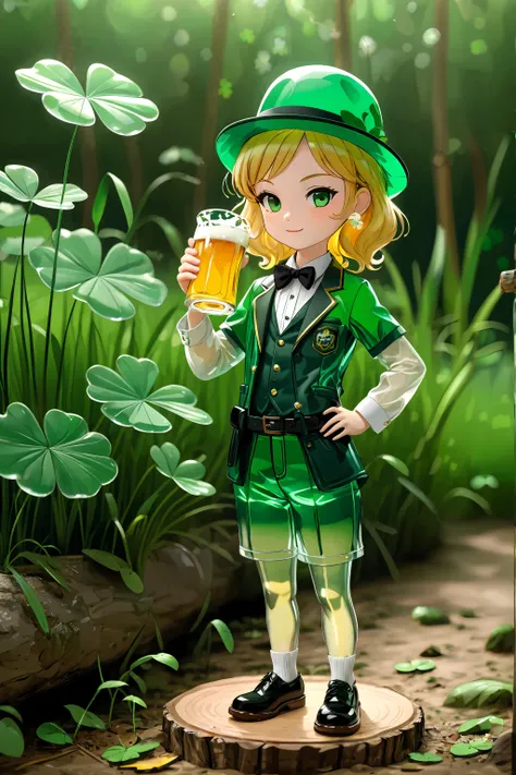 ((masterpiece, best quality)),(simple background:1.4),a jungle made by glass,3D,octane rendering,boli,(translucent_clover_leaf:1.4),translucent grass,transparent flower,jungler,depth of field,3D,octane rendering,boli,clover_leaf,1 ((glass_girl)),transparent skin,(drinking beer:1.4),in a glass bottle,wooden base,made by green glass,transparent green skin,glass sculpture,(chibi),close short,protrait,spc,green suit,green plaid trousers,black belt,black shoes,green bowtie,yellow shirt,black and white stripe socks,green ((bowler)) hat,standing on soil,<lora:boli:1:lbw=MIDD>,<lora:sculpture-20:0.4:lbw=INSS>,<lora:spc_01a:0.35:lbw=MIDD>,<lora:GlassBottle:1>,