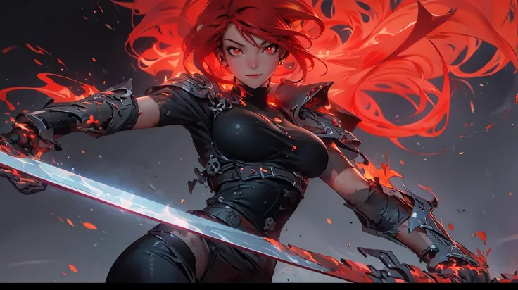 masterpiece, best quality, high quality, (red eyes:1.5), 
a girl with red hair,long hair,red eyes,beautifu face, the girl wearing JK,Armour,Fingerless gloves, the girl holding sword,glowing sword,glow weapen, red flames,burning background, colorful,light particles,wallpaper,chromatic aberration,weapon, by alex ross, <lora:on_fire:0.3> human on fire, animal on fire, horse on fire, angel on fire, skull on fire, red fire, blue fire, bird on fire <lora:PerfectFullBreasts-fCV3.5:0.9> breasts