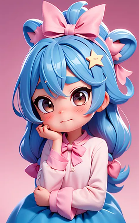 pixar, 1girl, cat, blue hair, brown eyes, star hair ornament, hair ornament, blush, bow, star (symbol), looking at viewer, ahoge, closed mouth, hair bow, animal, long sleeves, head rest, short hair, solo, bangs, child, pink bow, shirt, female child, thick eyebrows, white shirt, hands on own face, upper body