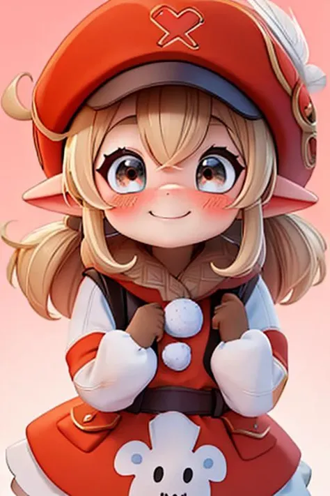 pixar,1girl,looking at viewer,solo,Red hat with feather,blonde hair,smile,blush,simple background,<lora:1:0.8>.