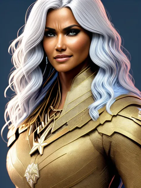(Storm-Marvel), (jlryst style) (Halle Berry) with long white hair, white eyes,background storm with rays, electricity, all body, realistic face, ((symmetrical eyes)), ((symmetrical face)) low contrast, low saturation, vignette, (intricate details, hyperdetailed), (extremely realistic detailed 8k), ((realistic photo)) lighting storm, digital art, trending artstation, 8k, intricate detail