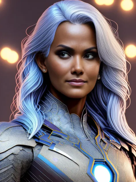 (Storm-Marvel), (jlryst style) (Halle Berry) with long white hair, white eyes,background storm with rays, electricity, all body, realistic face, ((symmetrical eyes)), ((symmetrical face)) low contrast, low saturation, vignette, (intricate details, hyperdetailed), (extremely realistic detailed 8k), ((realistic photo)) lighting storm, digital art, trending artstation, 8k, intricate detail