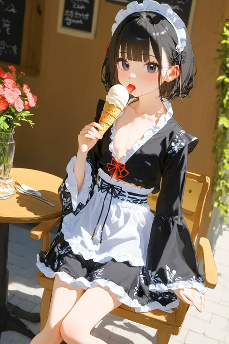 ((otokonoko ))((gender_less))1boy , (flat chest:1.2),solo,wafuku outfit, black very short hair,black eye,small eyes,looking at viewer,holding  white ice cream in hand,licking  ice cream   , maid's cafe  in akiba,sitting woody chair,
(highly detailed,best quality, absurdres, ultra detailed,masterpiece)
<lora:detailed_hands:1.2> <lora:add-detail-xl:1.2>  <lora:Expressive_H:1>   <lora:MJ52:0.5> <lora:wafuku loli_XL_V1.0:1.5>