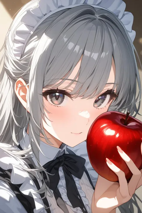 1girl,solo,Grey hair,long hair,maid's outfit,close-up of face,looking at viewer,holding apple in hand,
highly detailed,best quality,absurdres,detailed,HDR,natural light,