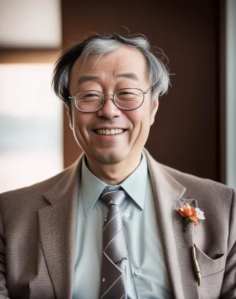 doriansatoshi, a man in glasses in suit, necktie, smiling, teeth, 8k uhd, dslr, soft lighting, high quality, film grain, Fujifilm XT3 <lora:satoshi:1>,