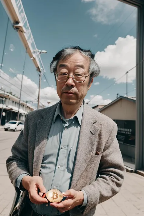 doriansatoshi, photo of a man, holding a bitcoin, dslr <lora:satoshi:1>