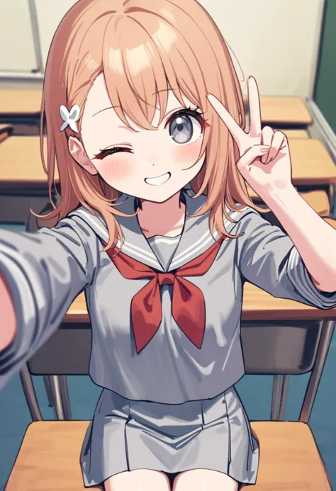 masterpiece, best quality, artist:healthyman, artist:akipeko, artist:aak, artist:sincos, artist:deadnooodles, 1girl, skinny, <lora:hanasato_minori:0.7>, hanasato minori, grey eyes, hair ornament, looking at viewer, one eye closed, v, classroom, silver serafuku, red bowtie, happy, pov, miniskirt, selfie, school desk, sitting,