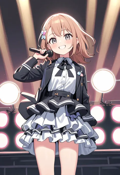 (masterpiece, top quality, best quality, official art, beautiful and aesthetic:1.2),ultra-detailed,intricate details,amazing illustration,award-winning art,atmospheric, 
BREAK, one beautiful girl(cute:1.5),(Little:0. 5),(cute:2.0),(change:2.0),(7 year old girl),(alone:1.65),break, (flat chest:1.2,), transparent skin, Shining beautiful skin, shy, one beautiful girl,huge boobs(hair bow, auburn hair, twin tails:1.2), (brown eyes, long eyelashes, double eyelid: 1.2), break, Star-O \(symbol\, (gloves, white gloves 1.3), (bug, one piece,Polka dot pattern:1.3), looking at the viewer,(knee high boots:1.2),shiny skin,transparent skin, Shining beautiful skin,(highest qualityの顔),(highest qualityの目), (smile:0.5), beautiful skin, beautiful skin, (highest quality face), (highest quality slanted eyes), Maid clothes, gloves, open your mouth, short sleeve, smile, white gloves
BREAK,arms below breasts,

BREAK, necktie, leather jacket, plaid skirt, belt, boots, black legwear,
BREAK
singing, shouting, microphone, (holding microphone stand:1.2), (leaning forward:0.7), serious,
BREAK
spotlight, stage lights,
BREAK,wakame,wakame,wakame,(Cowboy Shot:1.4),

BREAK,(Blurry background:1.3),(absurderes, hight resolution, Super Detail Art),cel shading,Clear Color, Lonely optical effect, Beautiful pictures, Bright glow, mystic atmosphere,(Close-up of girl:1.1), Mystical light particle effect,manga influence, clean line drawings,