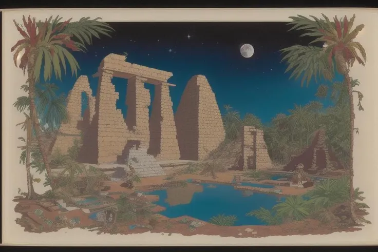 NuttallZouche <lora:NuttallZouche:1> a ruined temple in the jungle, pool in the foreground, moon reflected in the water, astrophotograph