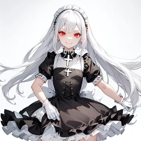 best quality, ultra detailed, 1girl, solo, standing, white hair, twin braids, red eyes,((black background)),maid headdress,maid apron, bangs, cross necklace,medium breastsr,white gloves, stare, smile, (evil:1.2), looking at viewer, (interview:1.3), <lora:maid_v10:0.7>