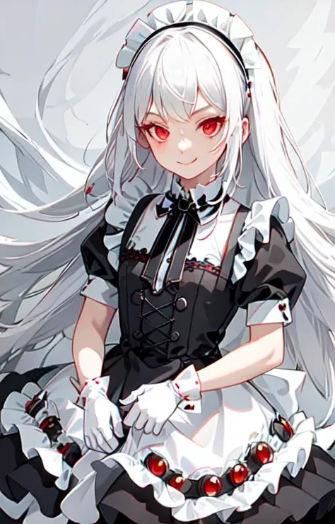 best quality, ultra detailed, 1girl, solo, standing, white hair, twin braids, red eyes,maid headdress,maid apron, bangs,white gloves, stare, smile, looking at viewer, (interview:1.3), <lora:maid_v10:0.8>