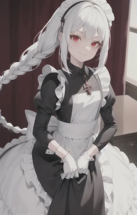 best quality, ultra detailed, 1girl, solo, standing, white hair, twin braids, red eyes,maid headdress,maid apron, bangs,white gloves, stare, smile, looking at viewer, (interview:1.3), <lora:maid_v10:0.6>
