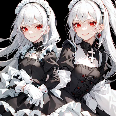 best quality, ultra detailed, 1girl, solo, standing, white hair, twin braids, red eyes,((black background)),maid headdress,maid apron, bangs, cross necklace,medium breastsr,white gloves, stare, smile, (evil:1.2), looking at viewer, (interview:1.3), <lora:maid_v10:0.7>