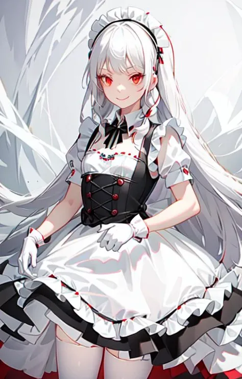 best quality, ultra detailed, 1girl, solo, standing, white hair, twin braids, red eyes,maid headdress,maid apron, bangs,white gloves, stare, smile, looking at viewer, (interview:1.3), <lora:maid_v10:0.7>
