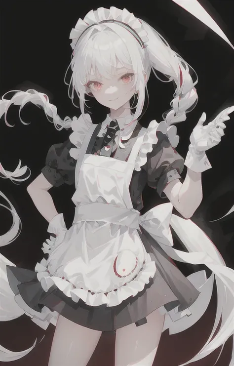 best quality, ultra detailed, 1girl, solo, standing, white hair, twin braids, red eyes,maid headdress,maid apron, bangs,white gloves, stare, smile, looking at viewer, (interview:1.3), <lora:maid_v10:0.6>