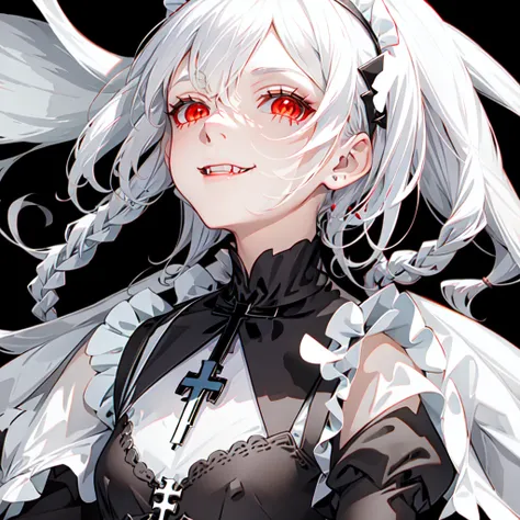 best quality, ultra detailed, 1girl, solo, standing, white hair, twin braids, red eyes,((black background)),maid headdress,maid apron, bangs, cross necklace,medium breastsr,white gloves, stare, smile, (evil:1.2), looking at viewer, (interview:1.3), <lora:maid_v10:0.7>