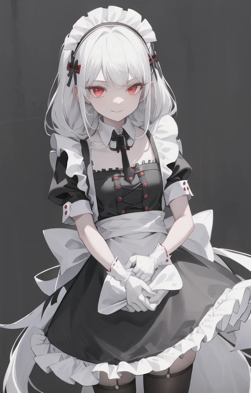 best quality, ultra detailed, 1girl, solo, standing, white hair, twin braids, red eyes,maid headdress,maid apron, bangs,white gloves, stare, smile, looking at viewer, (interview:1.3), <lora:maid_v10:0.6>