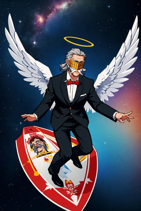 masterpiece, best quality, <lora:zs_Yamaoka:0.9> yamaokap1, yamaokamask, formal, facial hair, black suit, mustache, grey hair, old man, old, beard, bowtie halo, mask, feathered wings, angel, standing <lora:Surfing:1> surfing, outer space, space