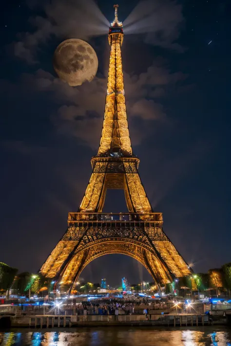 eiffel tower, night, moon, neon lighting, high quality, masterpiece,  <lora:Eiffel_Tower:.8>
