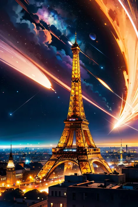 eiffel tower, space, stars, planet, high quality, masterpiece,  <lora:Eiffel_Tower:.2>