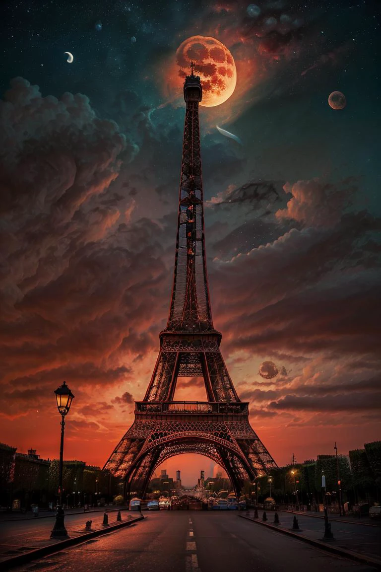 ((masterpiece,best quality)), <lora:Eiffel_Tower:0.8>, Eiffel_Tower, outdoors, sky, sky, traditional media, cloud, tree, no humans, night, moon, cloudy sky, star (sky), night sky, scenery, full moon, starry sky, sunset, bridge, lamppost, red moon, red sky