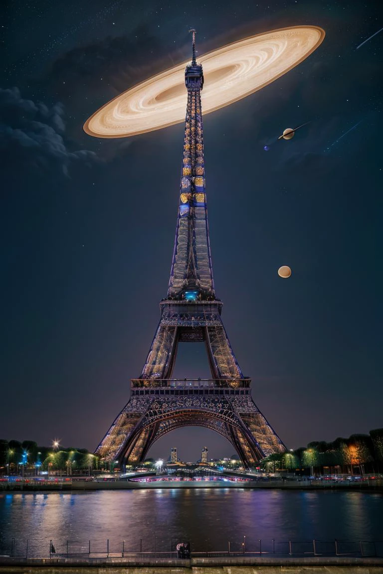 ((masterpiece,best quality)), <lora:Eiffel_Tower:0.8>, Eiffel_Tower, outdoors, sky, (saturn:1.1), no humans, starry sky, galaxy, science fiction, night sky, scenery, bridge, purple theme,
