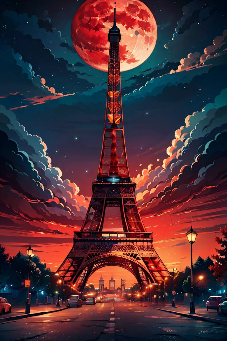 ((masterpiece,best quality)), absurdres <lora:Eiffel_Tower:0.8>, Eiffel_Tower,
outdoors, sky, sky, cloud, tree, no humans, night, moon, cloudy sky, star (sky), night sky, scenery, full moon, starry sky, sunset, bridge, lamppost, red moon, red sky