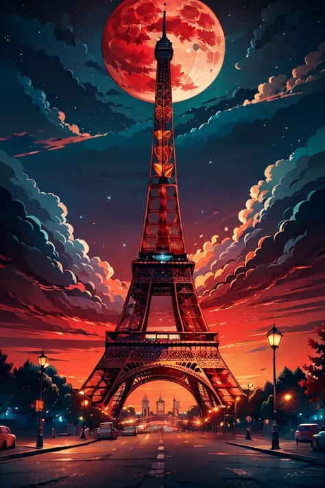 ((masterpiece,best quality)), absurdres <lora:Eiffel_Tower:0.8>, Eiffel_Tower, 
outdoors, sky, sky, cloud, tree, no humans, night, moon, cloudy sky, star (sky), night sky, scenery, full moon, starry sky, sunset, bridge, lamppost, red moon, red sky