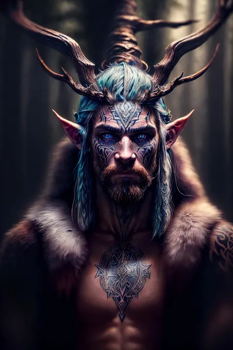 (mystical shaman viking,pagan priest)(,face full of tribal tattoos), Nordic Bronze Age clothing, deer horns crown,(ancient mystical forest background),ttattooz, dark fantasy, fantasy art,<lora:more_details:0.8> <lora:Tattoos_and_Body_Art_ttattooz_V1.1:0.9>,
((best quality)), ((masterpiece)), (detailed), (fantasy illustration:1.3), (detailed forest:1.3), (high-resolution:1.2), <lora:LowRA:0.8> dark theme, <lora:add_detail:0.8>