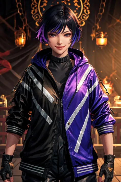 masterpiece, best quality, multicolored hair, jacket, fingerless gloves, smile, <lora:Tekken_reina-000018:0.7>