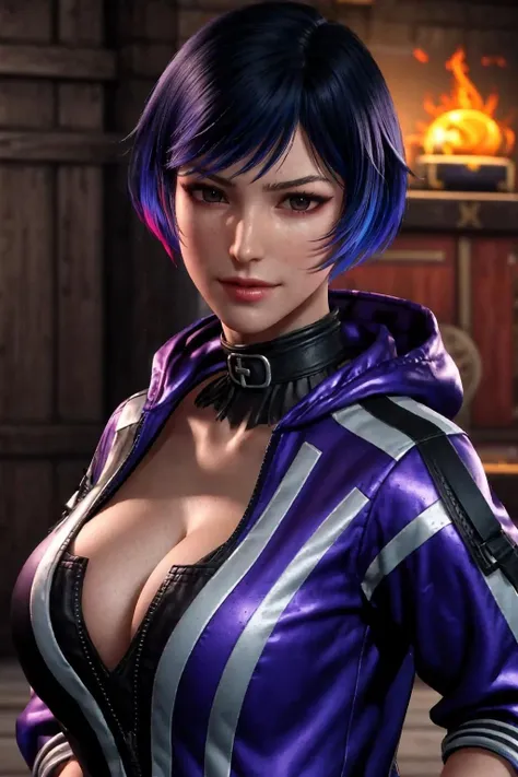 masterpiece, best quality, Tekken_reina, multicolored hair, halfling, big breasts, cleavage, looking at viewer, <lora:Tekken_reina-000018:0.6>