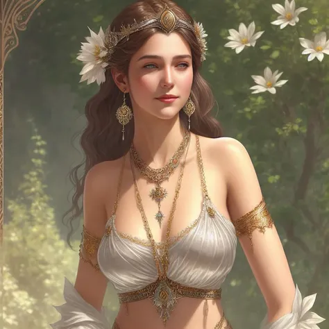 wawavawa young woman wearing silver threads, necklace, earrings, crown mande by flowers, art by aleksi briclot and alphonse mucha and william-adolphe bougeureau, octane render, 8k