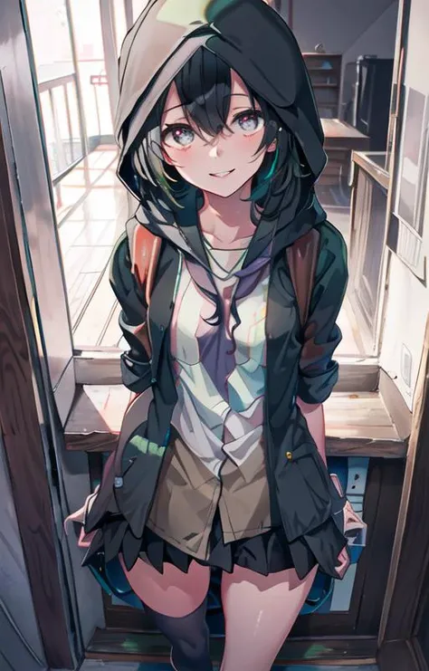 P(SFW), masterpiece, best quality, highres 64k, professional artwork, famous artwork, clean, cinematic lighting, beautiful eyes + detail, beautiful hair + detail, (cute young female body:1.4), (cute small breasts), lactation, happy:1.3, smile:1.3, sexy looking at the viewer, sexy lips, floating hair,(Anosillus ii), hood up, <lora:Anosillus ii_child:0.6>, <lora:taipeiHighSchoolGirls_v10:0.8>, high school uniform, indoors, doorway, door open, from above