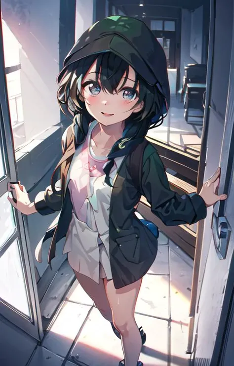(SFW), masterpiece, best quality, highres 64k, professional artwork, famous artwork, clean, cinematic lighting, beautiful eyes + detail, beautiful hair + detail, (cute young female body:1.4), (cute small breasts), lactation, happy:1.3, smile:1.3, sexy looking at the viewer, sexy lips, floating hair,Anosillus ii, <lora:Anosillus ii_child:0.6>, <lora:taipeiHighSchoolGirls_v10:0.6>, ((tfg1:1.5)), indoors, doorway, door open, from above